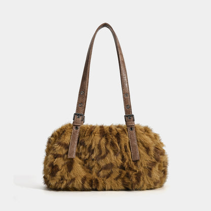 REINAREA Women’s Leopard Print Fuzzy Pillow Bag New Fashion Fluffy Shoulder Underarm Bag【051】