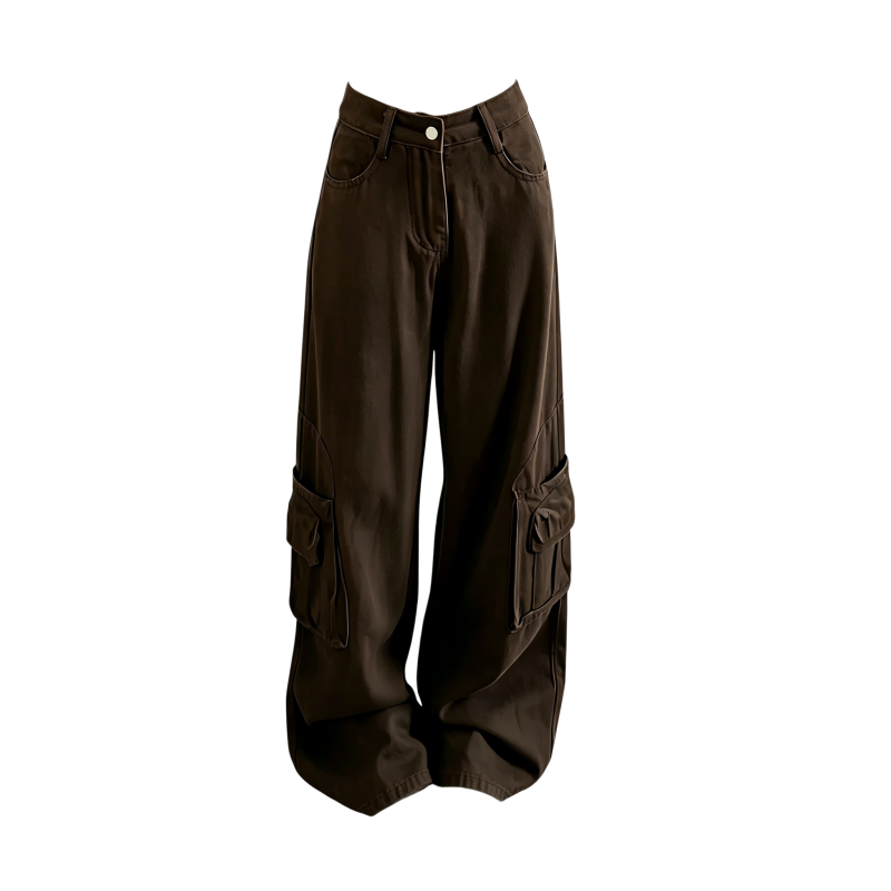 REINAREA | Maillard Cargo Jeans With Butt Cover Panel | Women Baggy Wide Leg Pants | 2026 Spring Coffee Straight Trousers