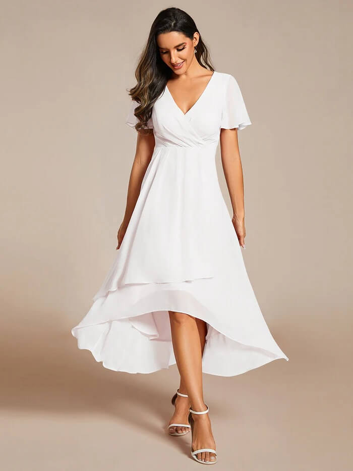 Solid Color V-Neck Ruffle Mid-Length Dress