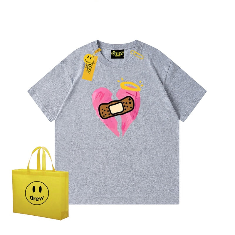 REINAREA Unisex Heart Print Short-Sleeve T-Shirt - Street Trendy Loose-Fit 100% Cotton Couple Top【074】