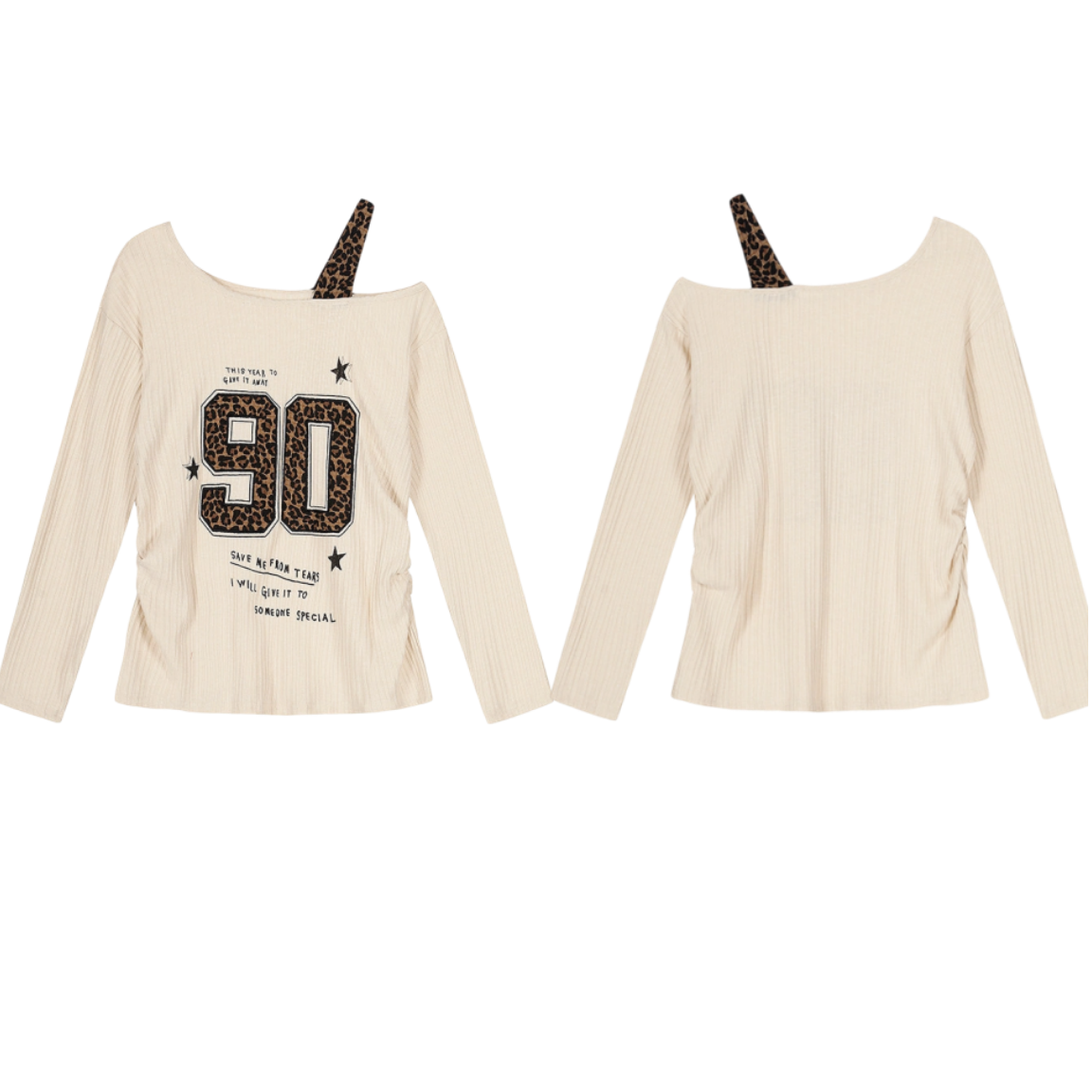 REINAREA New Spring Summer Women Leopard Print Off-Shoulder T-Shirt Long Sleeve Top