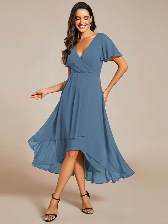 Solid Color V-Neck Ruffle Mid-Length Dress