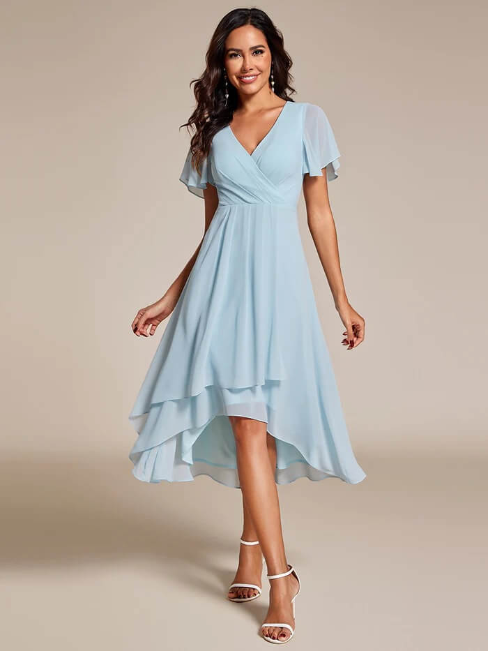 Solid Color V-Neck Ruffle Mid-Length Dress