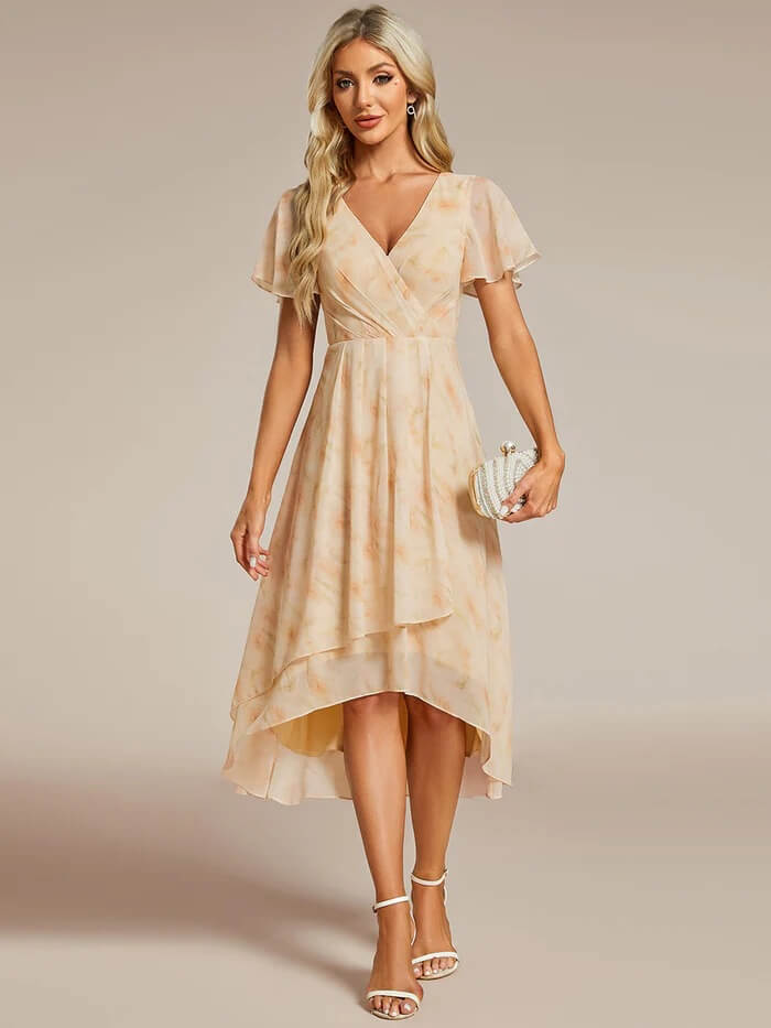 Solid Color V-Neck Ruffle Mid-Length Dress