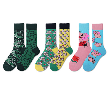 REINAREA Unisex AB Mismatched Mid-Calf Socks - Fun Cartoon Print for Trendy Daily Looks【065】