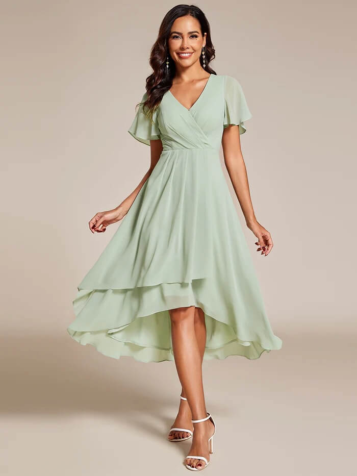 Solid Color V-Neck Ruffle Mid-Length Dress