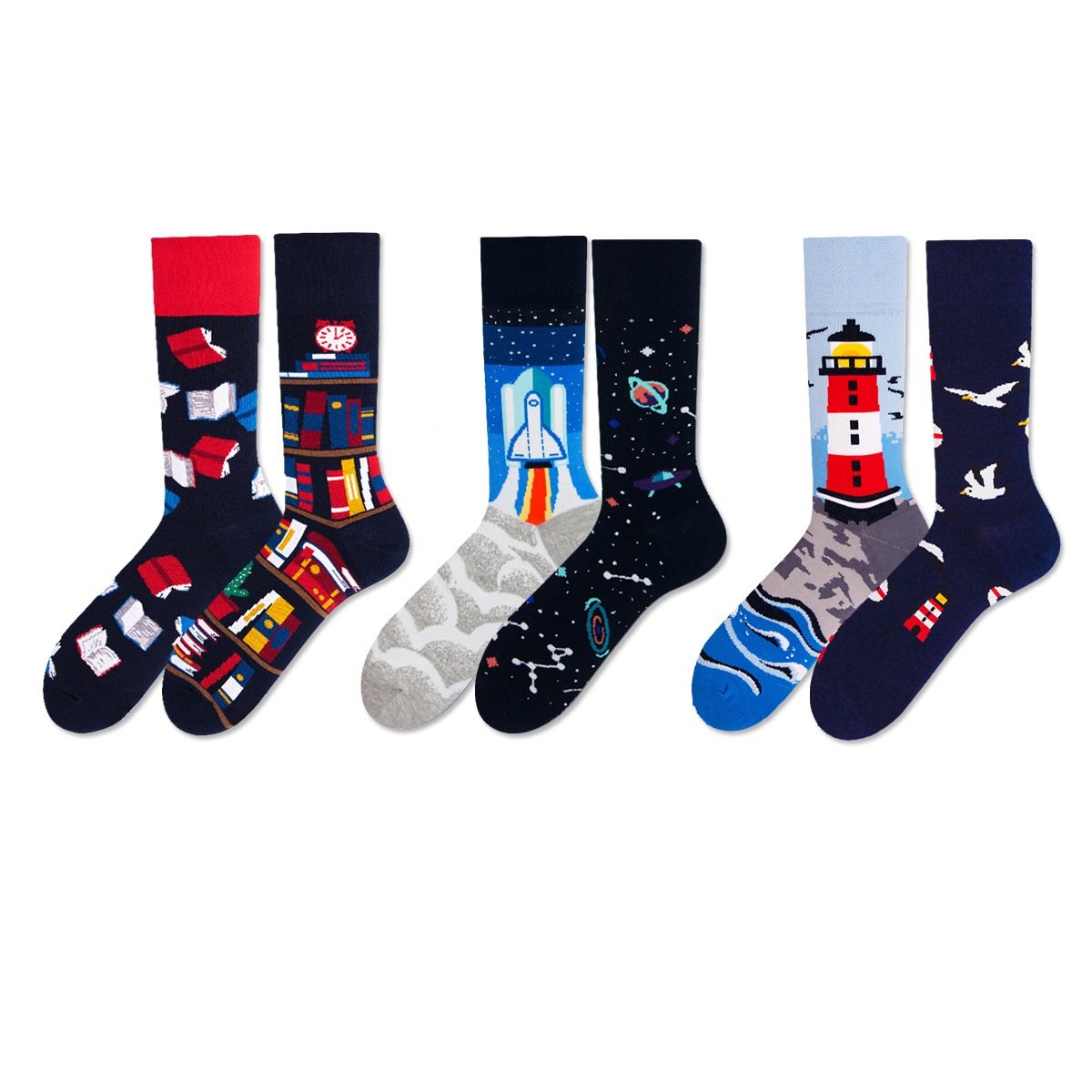 REINAREA Unisex AB Mismatched Mid-Calf Socks - Fun Cartoon Print for Trendy Daily Looks【065】