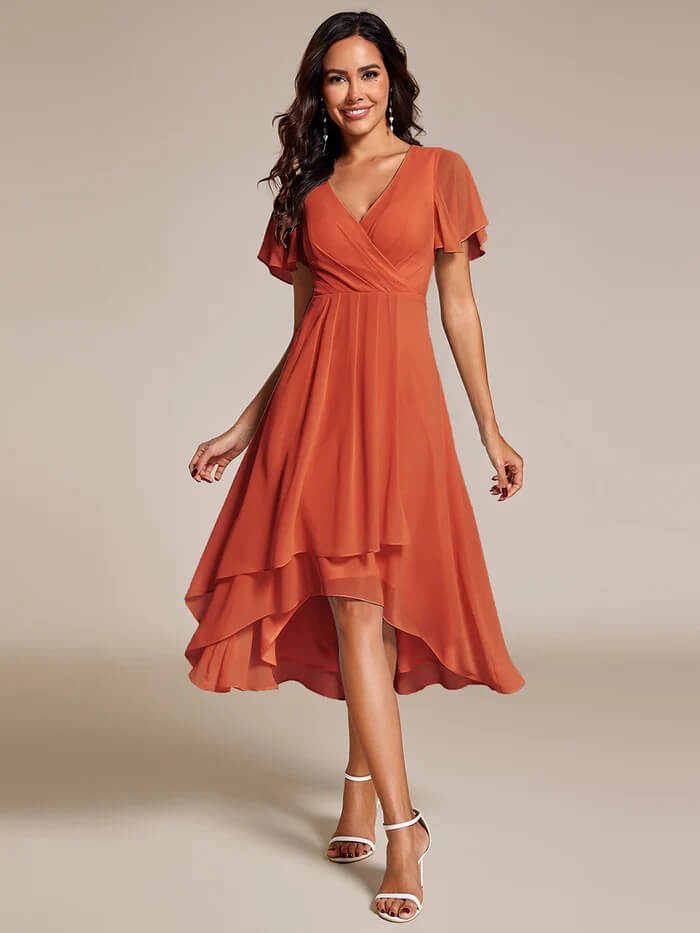 Solid Color V-Neck Ruffle Mid-Length Dress