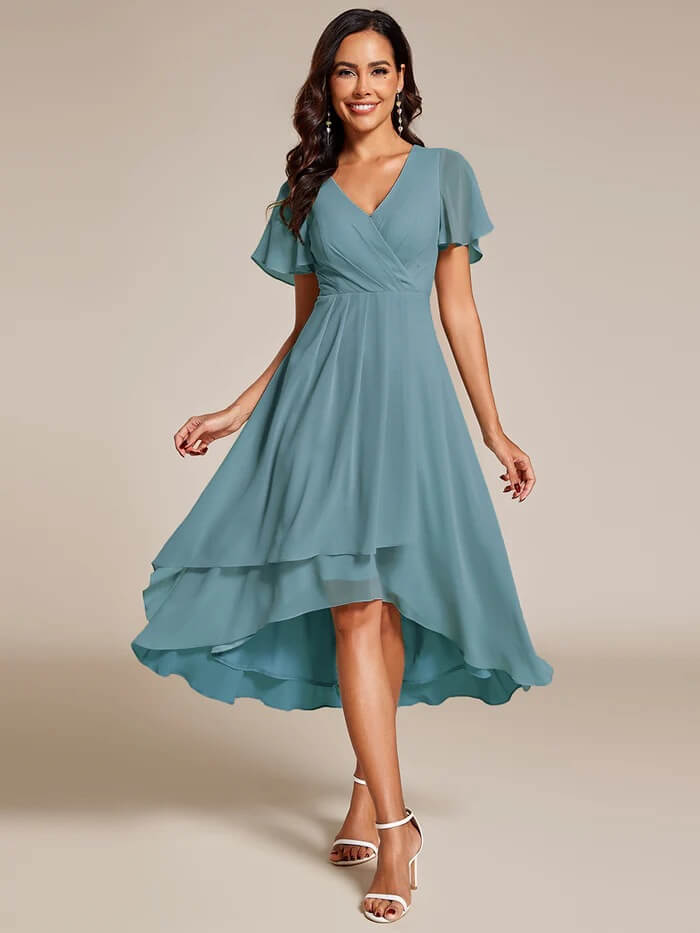 Solid Color V-Neck Ruffle Mid-Length Dress