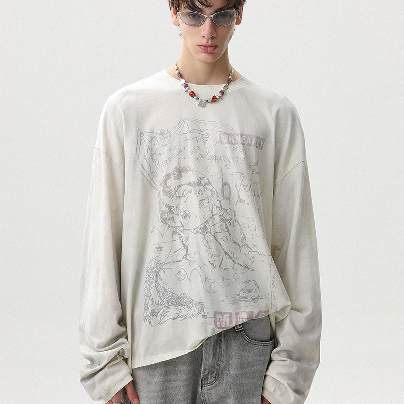 REINAREA Unisex American Retro Washed Cotton Long-Sleeve T-Shirt Loose-Fit Top