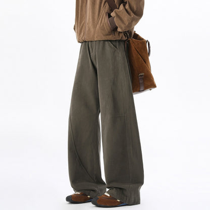 REINAREA Unisex Curved Hem Cargo Pants Retro Loose Casual Track Trousers