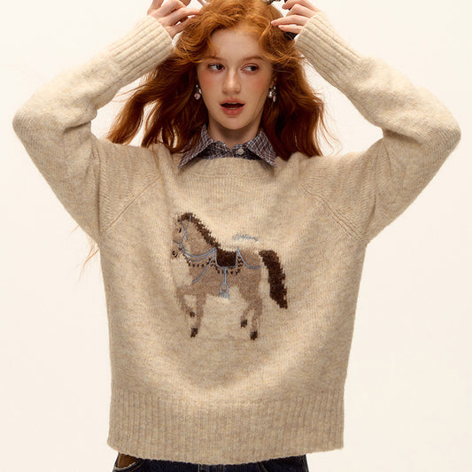 Wool-Blend Embroidered Crewneck Knit Sweater（Red&Beige）