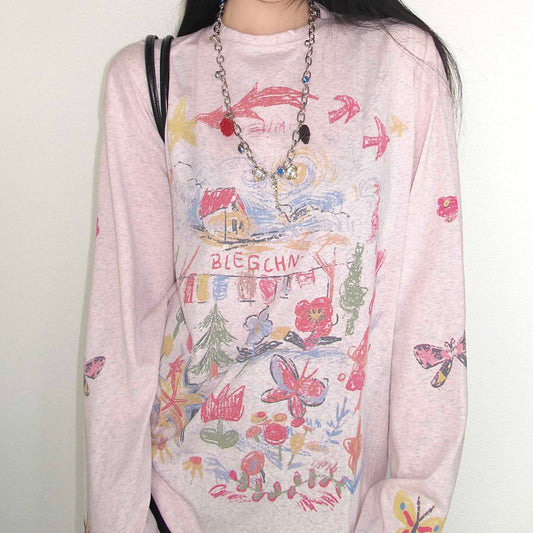 REINAREA New Spring Summer Fun Graffiti Print T-Shirt - Long Sleeve Casual Top