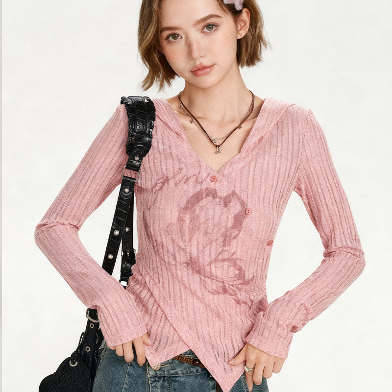 REINAREA Printed Hooded Long Sleeve T-Shirt Asymmetrical Top