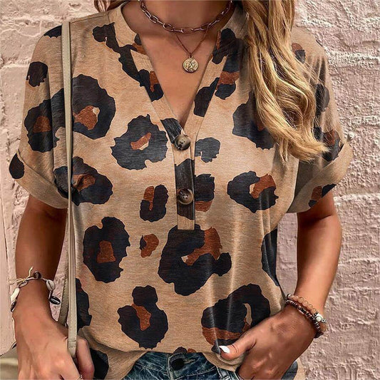 V-Neck Leopard Print Short Sleeve Shirt