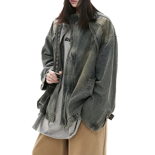 REINAREA The "Street-Edge" Distressed Denim Jacket - American Retro Stand Collar
