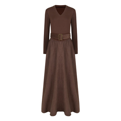 REINAREA Plus Size Fake Two-Piece Dress - V-Neck Long Sleeve Figure-Flattering Dres【109】