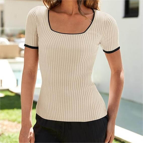 Square Neck Color Block Slim Fit Ribbed Knit T-Shirt