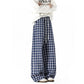 REINAREA Unisex American Retro Blue Plaid Pants Loose Straight-Leg Casual Trousers