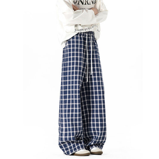 REINAREA Unisex American Retro Blue Plaid Pants Loose Straight-Leg Casual Trousers
