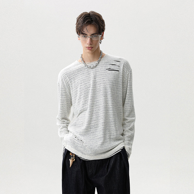 REINAREA Unisex Distressed Striped Layered-Look Long-Sleeve T-Shirt Casual Top