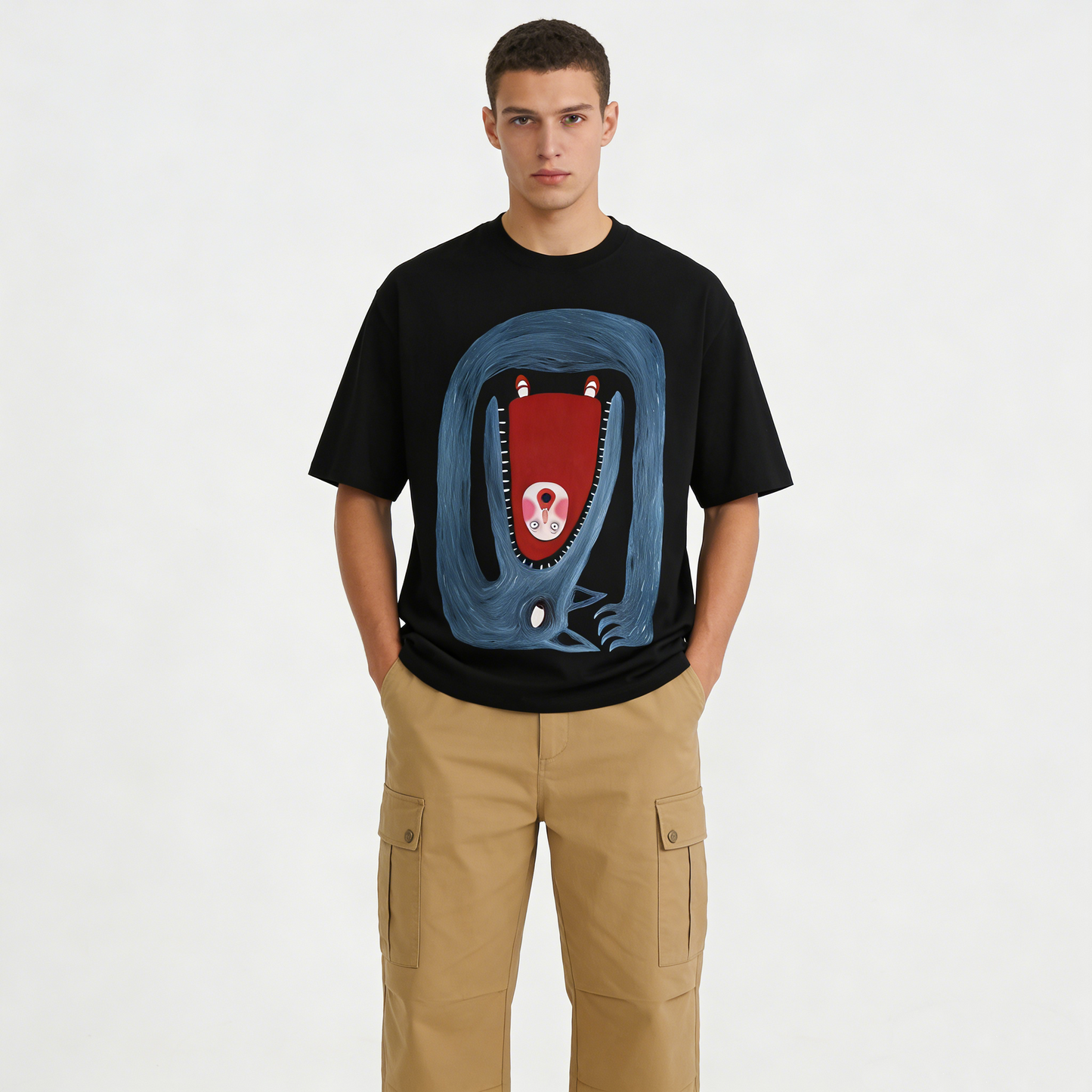 REINAREA Printed 100% Cotton Trendy Short-Sleeve T-Shirt - Unisex Vintage Heavyweight Top【079】