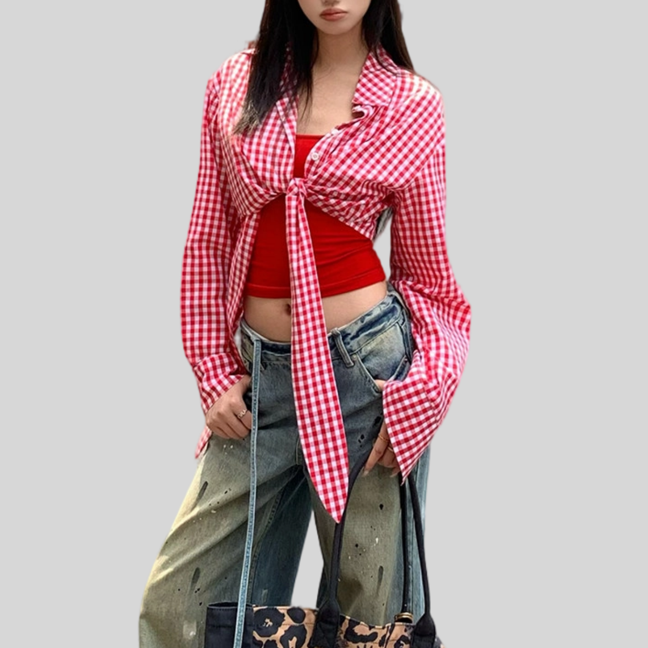 REINAREA New Spring Summer Women's Retro Y2K Red Plaid Shirt