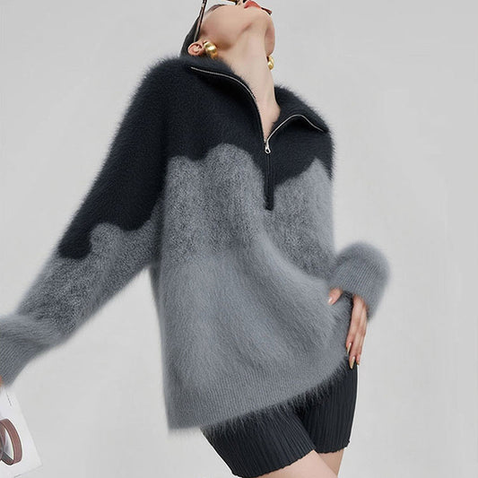 Half-Zip Color-Block Knit Sweater