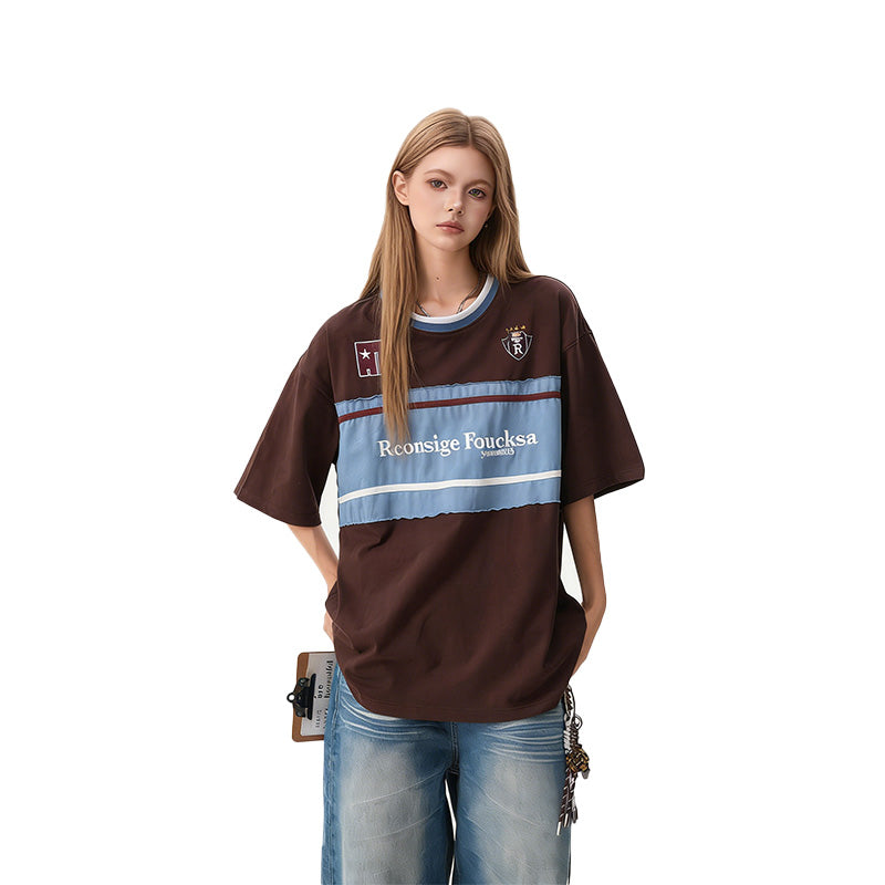 REINAREA Unisex Embroidered Paneled Short-Sleeve T-Shirt Preppy Style Couple’s Quarter-Sleeve Top