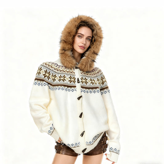 Fair Isle Fleece-Collar Hooded Knit Cardigan Coat（Red,White）