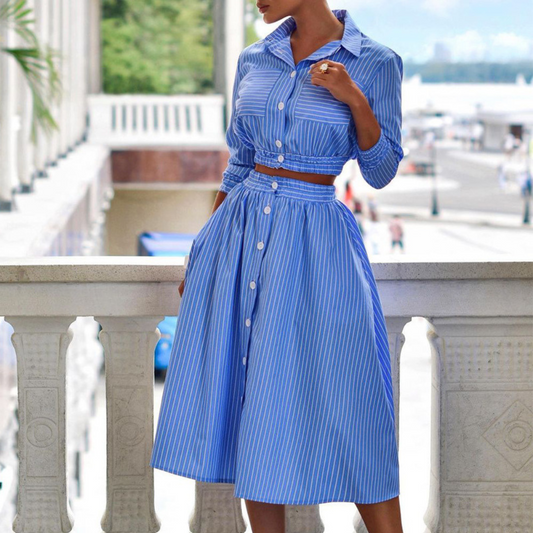 Two-piece Long-sleeved Striped Shirt Suit Skirt