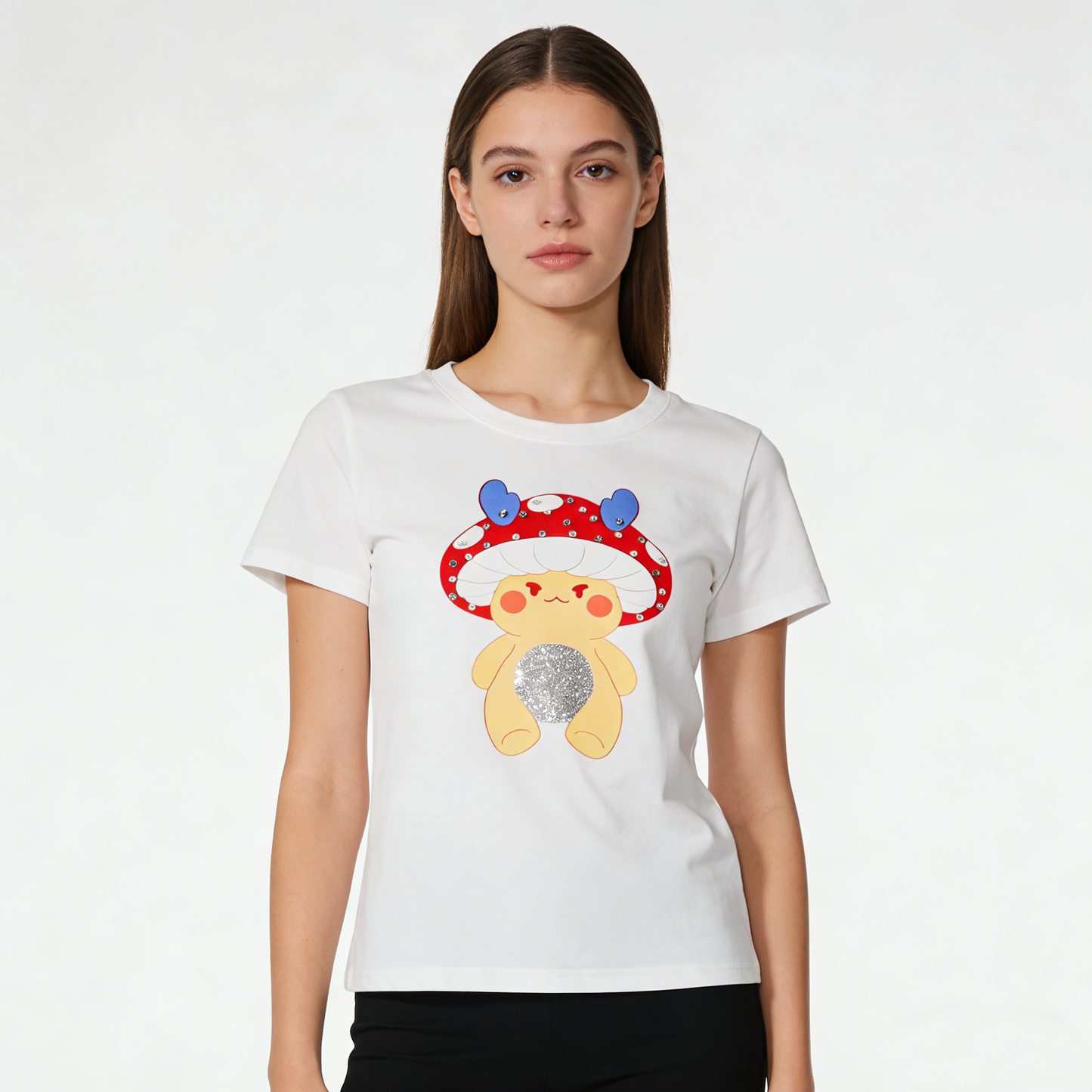 REINAREA Cartoon Mushroom Print Short-Sleeve T-Shirt - Women’s Summer American-Style Regular Fit Cropped Top