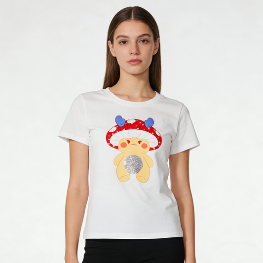 REINAREA Cartoon Mushroom Print Short-Sleeve T-Shirt - Women’s Summer American-Style Regular Fit Cropped Top