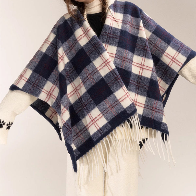 REINAREA Vintage Plaid Fringed Shawl Scarf (Brown & Gray-Blue)