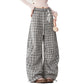 REINAREA New Spring Summer Women's Plaid Curved Pants Pleated Elastic Waist Trousers