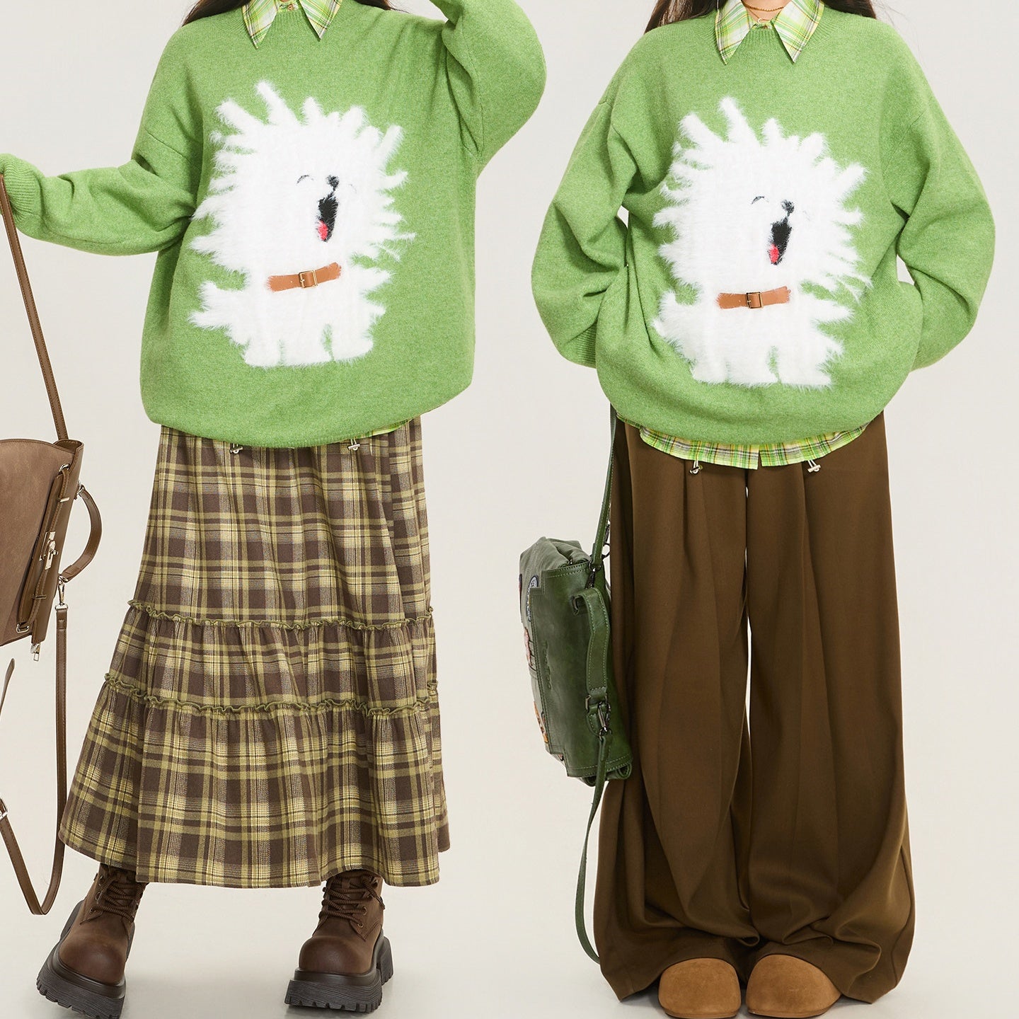 REINAREA Puppy Jacquard Sweater Women’s Green Loose-Fit Knit Top for Fall & Winter【086】