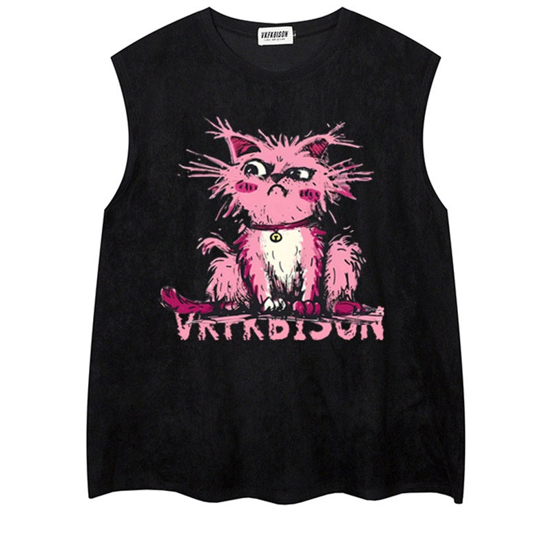 REINAREA Hand-Painted Cat Print Suede Sleeveless T-Shirt - Unisex Athletic Tank Top【076】