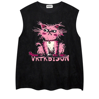 REINAREA Hand-Painted Cat Print Suede Sleeveless T-Shirt - Unisex Athletic Tank Top【076】