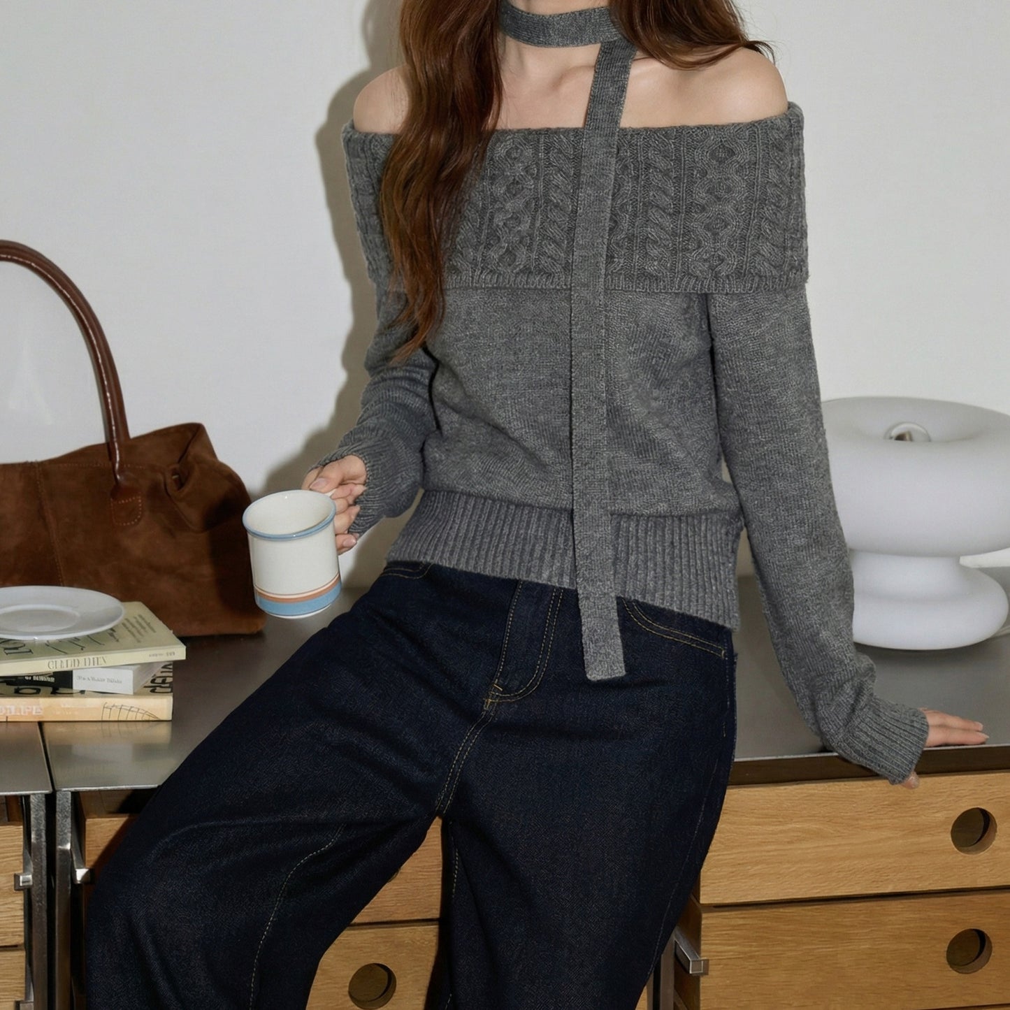 REINAREA Korean Lazy Style Off-the-Shoulder Cable-Knit Sweater Women’s Cold-Shoulder Top【083】