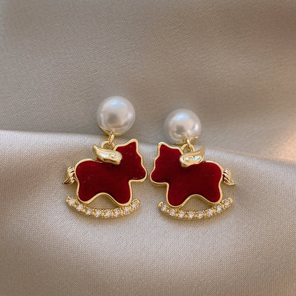REINAREA Red Pony Pearl Earrings for Women New Year Studs & Clip-Ons, Gorgeous Statement Jewelry【105】