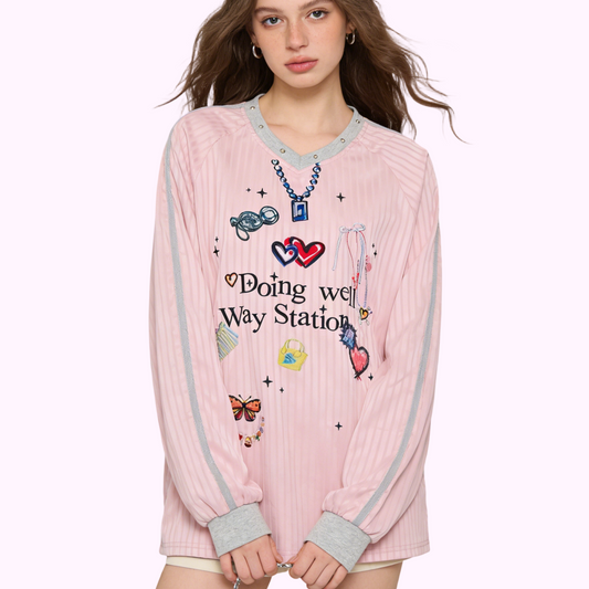 REINAREA New Spring Summer V-neck Printed T-Shirt Women American Style Long Sleeve Top