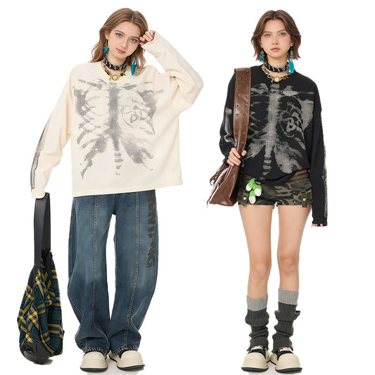 REINAREA Gothic Skull Print Long-Sleeve T-Shirt Unisex Loose-Fit Casual Top【075】