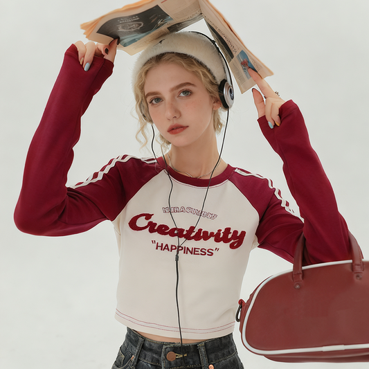 REINAREA Women’s Y2K-Inspired Raglan Long-Sleeve T-Shirt Cropped Top