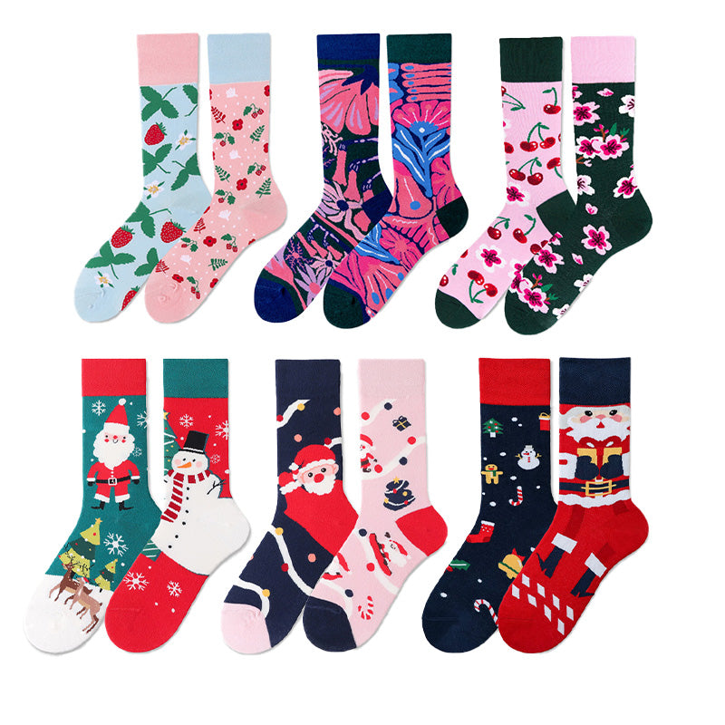 REINAREA Unisex AB Mismatched Mid-Calf Socks - Fun Cartoon Print for Trendy Daily Looks【065】