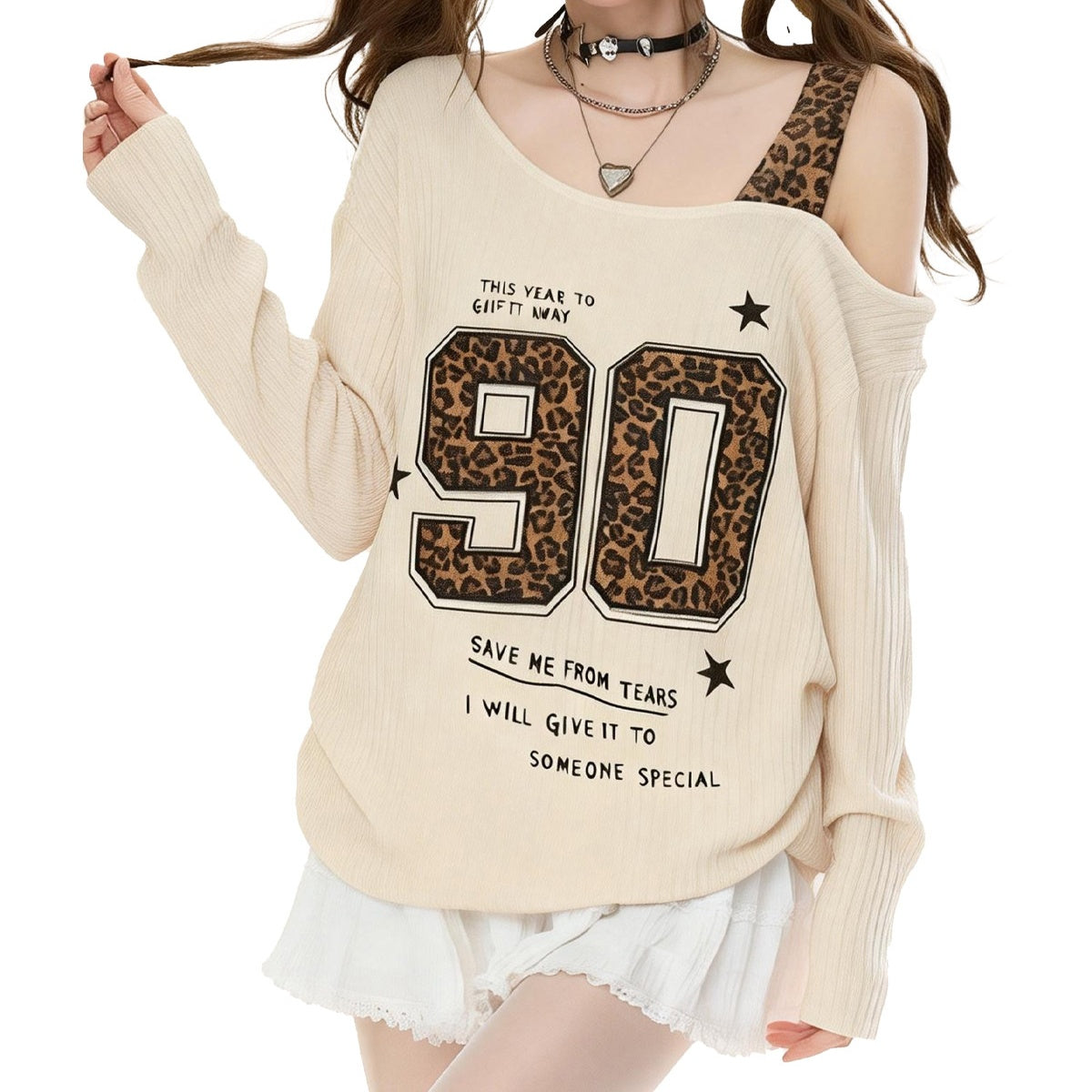 REINAREA New Spring Summer Women Leopard Print Off-Shoulder T-Shirt Long Sleeve Top