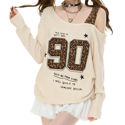 REINAREA New Spring Summer Women Leopard Print Off-Shoulder T-Shirt Long Sleeve Top