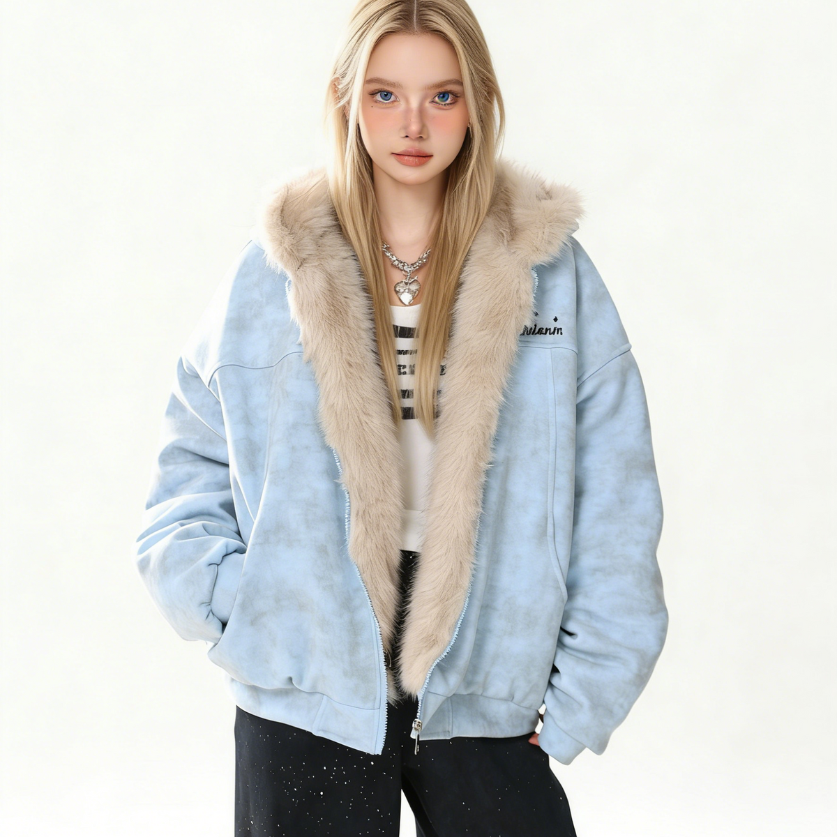 REINAREA Women's Bear Ear Suede Coat Faux Fur Collar Warm Cotton Jacket