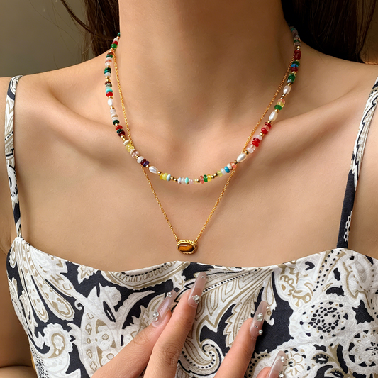 REINAREA Women’s Natural Pearl & Rainbow Stone Dopamine Beaded Necklace - Autumn & Winter Clavicle & Sweater Chain【059】