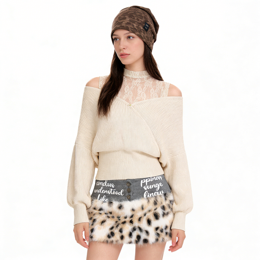 REINAREA Women's Fake Two-Piece Cold Shoulder Top One-Shoulder Patchwork Knit Blouse【111】