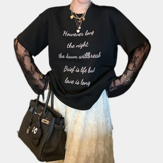 REINAREA New Spring Summer Fake Two-Piece Lace Splicing Long Sleeve T-Shirt